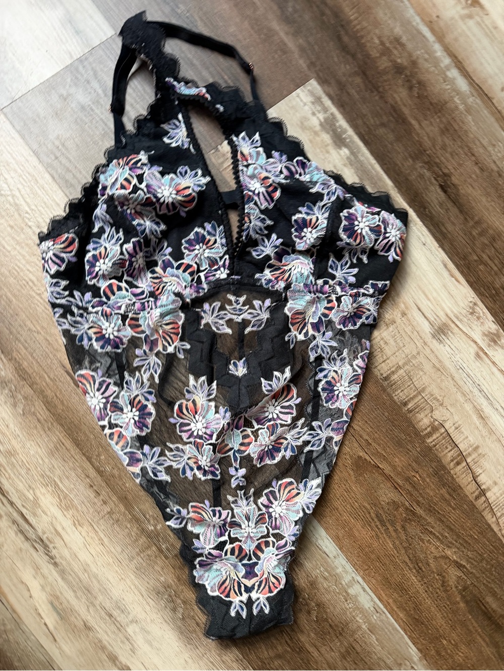 Savage X Fenty Black Sheer Floral Embroidered Lace Bodysuit, Thong, 1X, whimsy